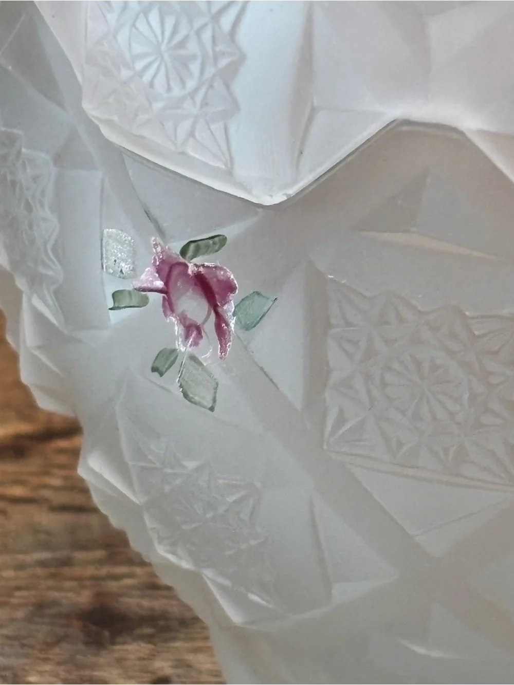 Vtg Westmoreland Frosted Satin Glass Old Quilt Candy Dish Hand Painted Flowers